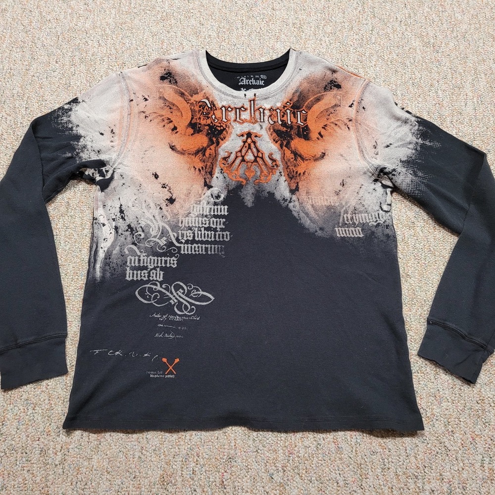Archaic Shirt Mens 3XL Black Long Sleeve Thermal Knit Grunge Logo‎ Affliction